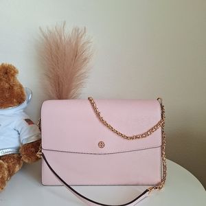 NWT Tory Burch Pink Leather  paker large convertible with Gold Chain Strap